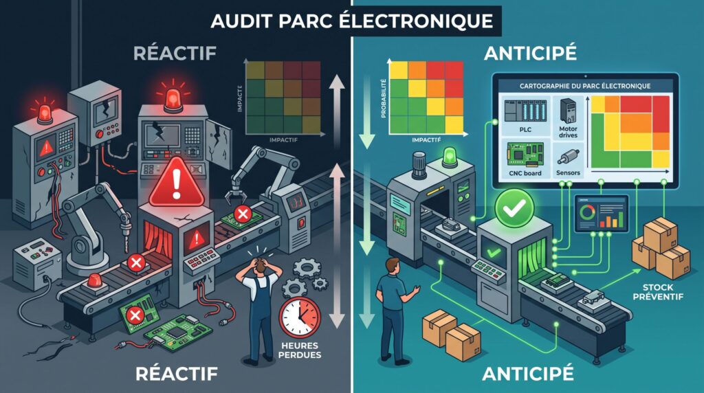 Pourquoi auditer son parc d’équipements électroniques industriels avant qu’ils ne deviennent introuvables 2 Schéma comparatif avec titres courts sur audit parc équipements électroniques