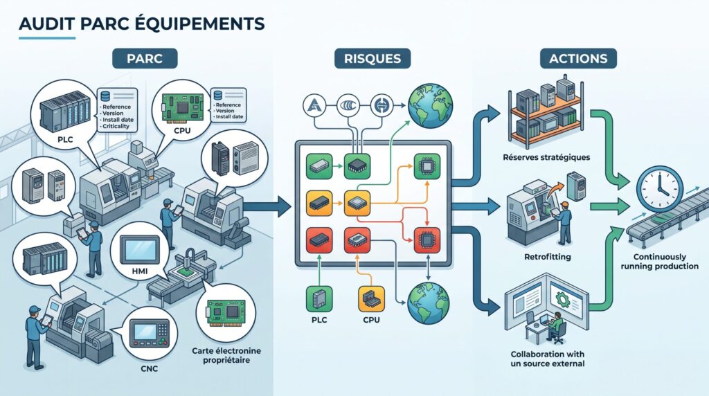 Pourquoi auditer son parc d’équipements électroniques industriels avant qu’ils ne deviennent introuvables 3 Schéma explicatif visuel sur audit parc équipements électroniques