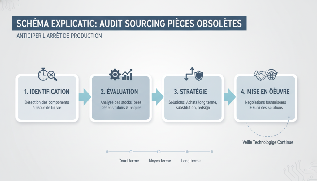 Audit sourcing de pièces obsolètes : anticiper l’arrêt de production 2 Schéma explicatif réaliste avec texte sur audit sourcing pièces obsolètes