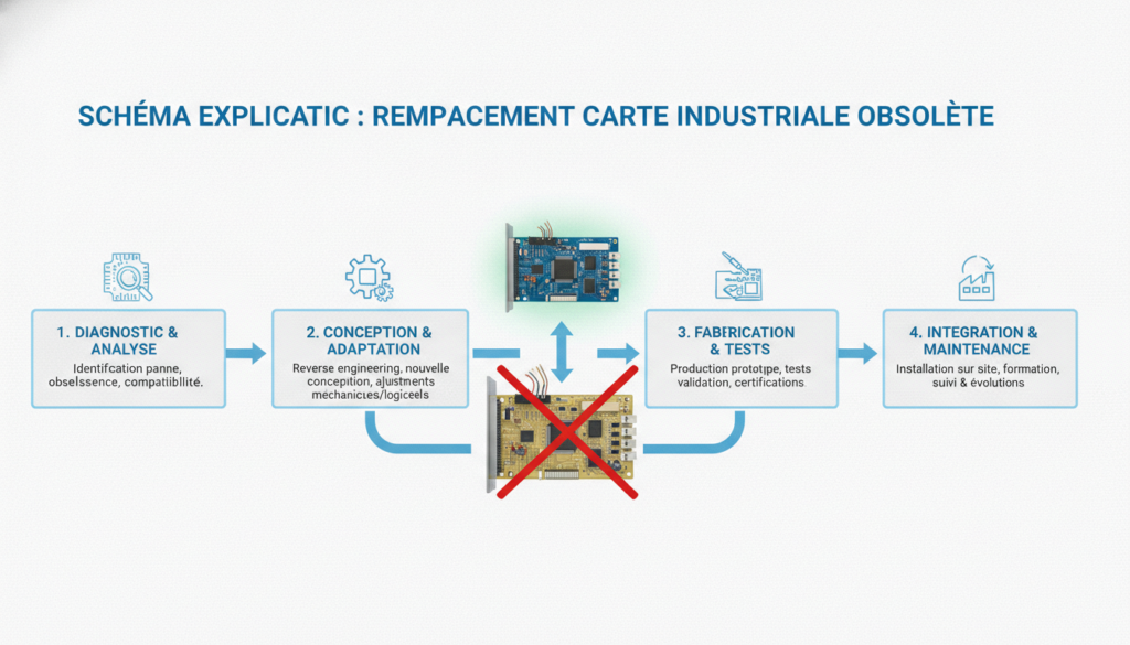 Comment remplacer une carte électronique industrielle obsolète en production 2 Schéma explicatif réaliste avec texte sur carte électronique industrielle obsolète