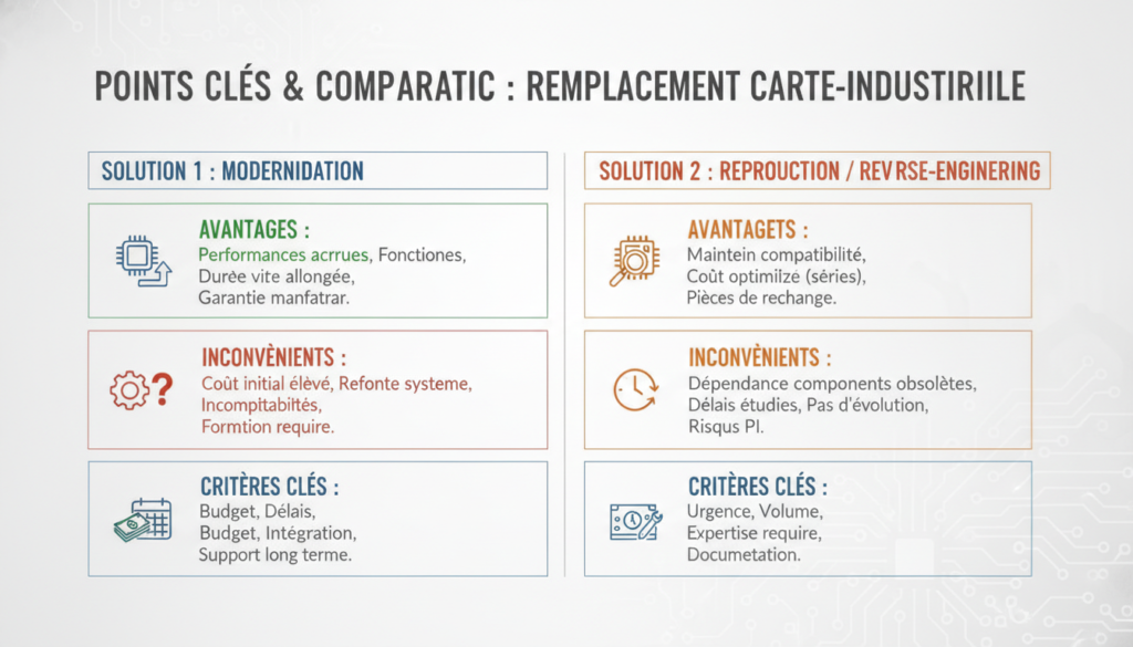 Comment remplacer une carte électronique industrielle obsolète en production 3 Schéma comparatif réaliste avec texte sur carte électronique industrielle obsolète