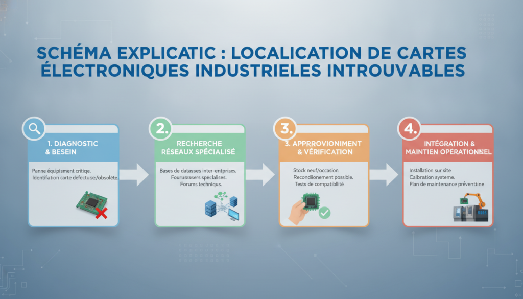 Comment localiser des cartes électroniques industrielles introuvables 2 Schéma explicatif réaliste avec texte sur cartes electroniques industrielles introuvables
