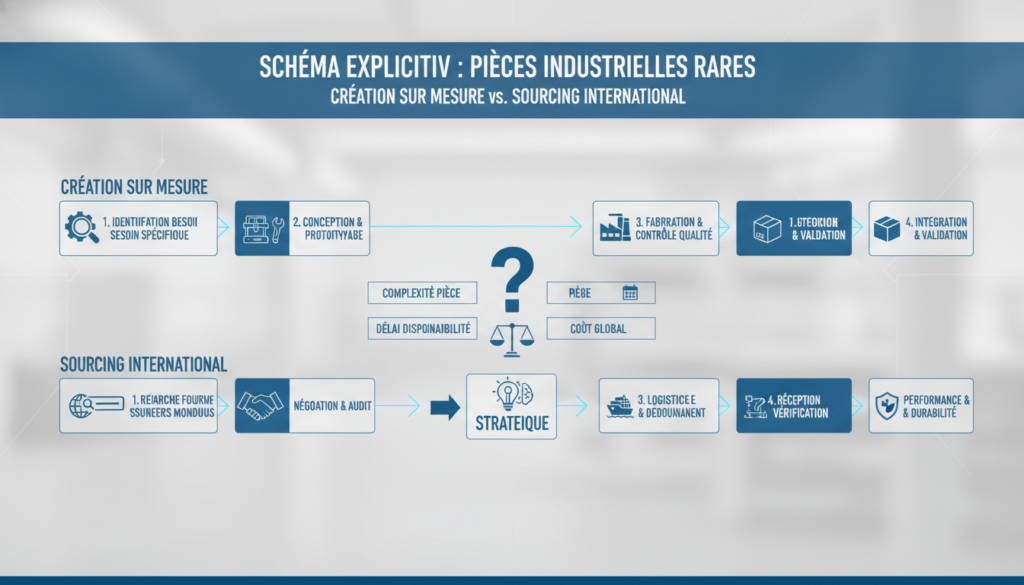 Création de pièces industrielles introuvables ou sourcing international ? Le bon choix selon vos contraintes 2 Schéma explicatif réaliste avec texte sur création pièces industrielles introuvables