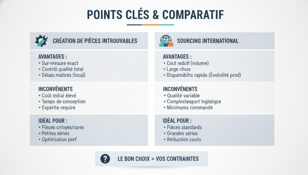 Création de pièces industrielles introuvables ou sourcing international ? Le bon choix selon vos contraintes 3 Schéma comparatif réaliste avec texte sur création pièces industrielles introuvables