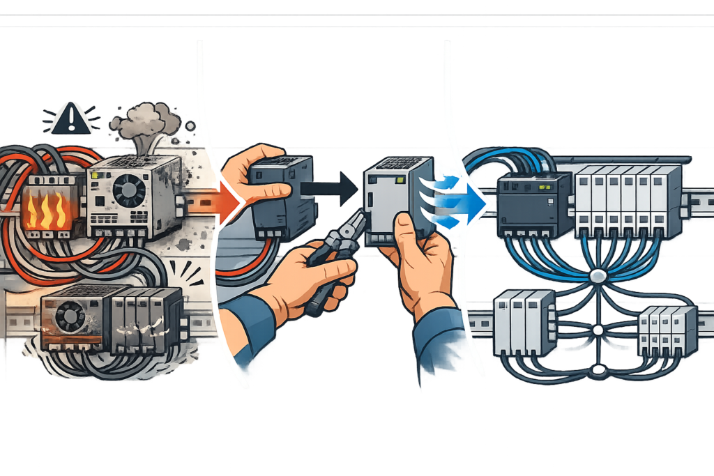Dépannage d’une alimentation industrielle obsolète : diagnostic et remplacement compatible 3 Illustration graphique sur depannage alimentation industrielle obsolete