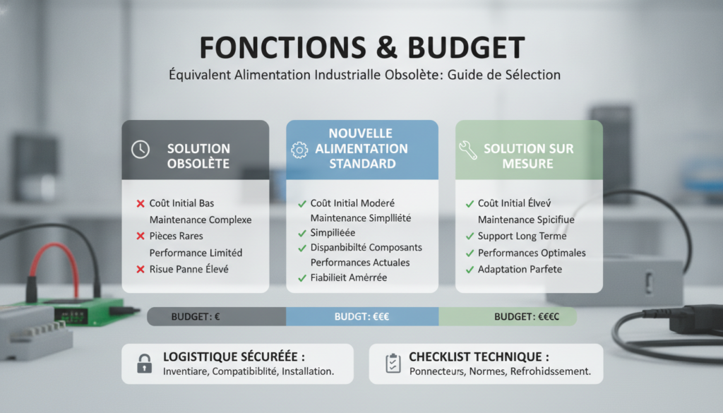 Trouver l’équivalent d’une alimentation industrielle obsolète : checklist technique complète et logistique sécurisée 3 Schéma comparatif réaliste avec texte sur équivalent alimentation industrielle obsolète