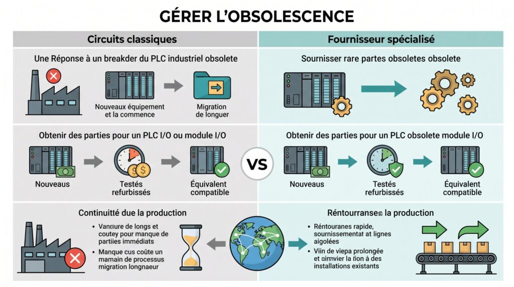 Automates industriels obsolètes : le rôle clé d’un fournisseur professionnel spécialisé 2 Schéma comparatif avec titres courts sur fournisseur automate industriel