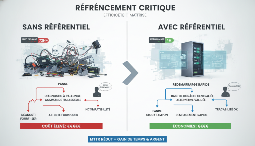 L'importance du référencement des pièces électroniques critiques en industrie 2 Schéma comparatif avec titres courts sur referencement pieces electroniques critiques