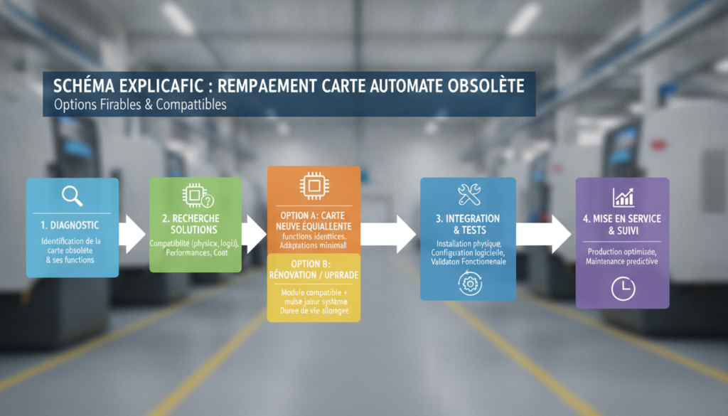 Remplacement d’une carte d’automate obsolète : options fiables et compatibles 2 Schéma explicatif réaliste avec texte sur remplacement carte automate obsolète