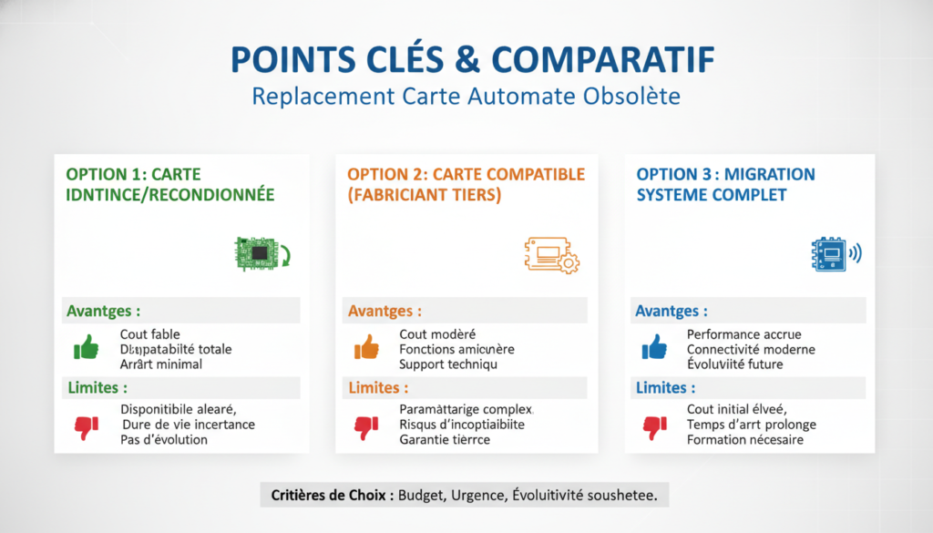 Remplacement d’une carte d’automate obsolète : options fiables et compatibles 3 Schéma comparatif réaliste avec texte sur remplacement carte automate obsolète