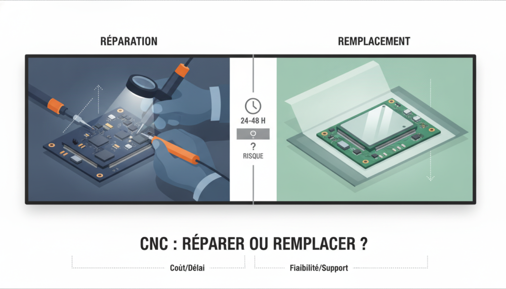 Réparation ou remplacement d’une carte CNC obsolète : que choisir 2 Schéma comparatif avec titres courts sur réparation remplacement carte cnc