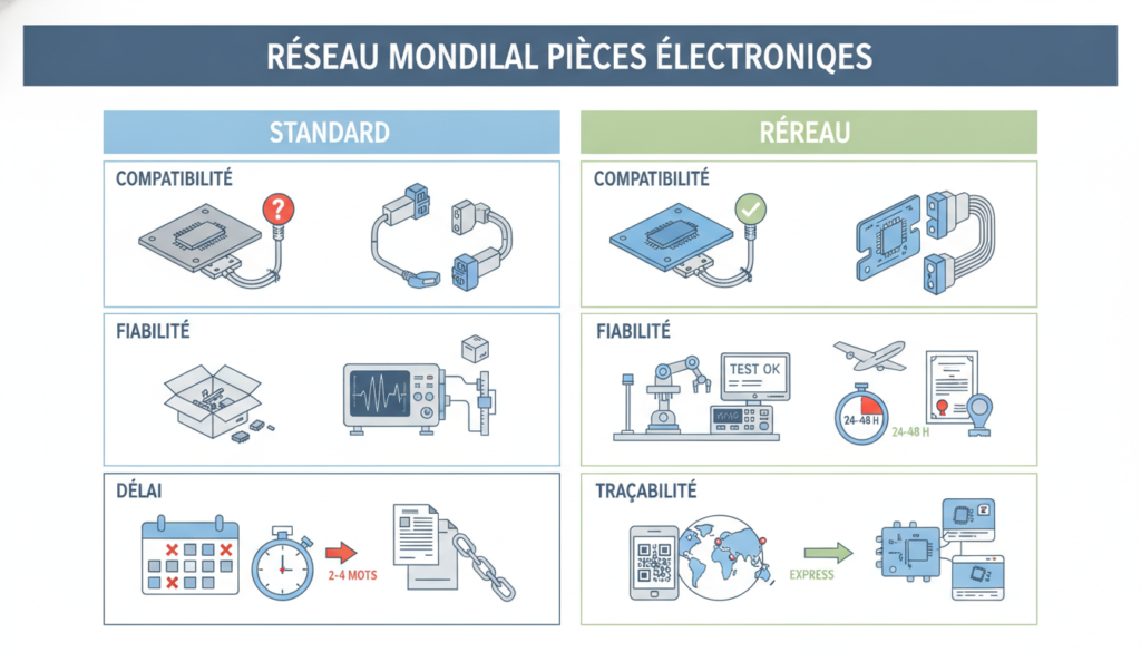 Réseau mondial pour la recherche de pièces électroniques industrielles rares 2 Schéma comparatif avec titres courts sur reseau mondial pieces electroniques